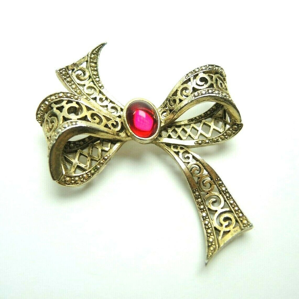 Bow with Faux Red Gem 2.4-inch Vintage Unsigned Gold-Tone Brooch Lapel Pin - Fazoom