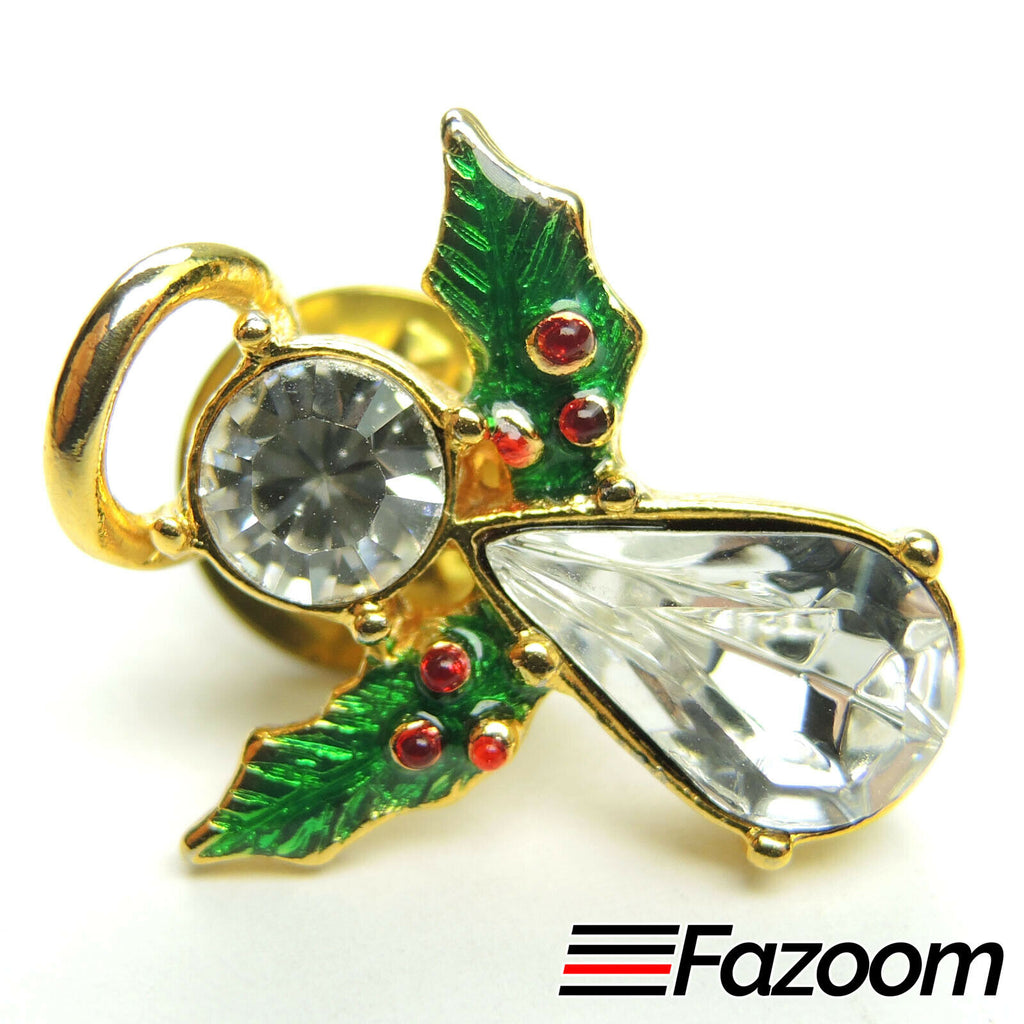Gold-Tone Christmas Holly Angel Brooch Lapel Pin with Rhinestones - Fazoom