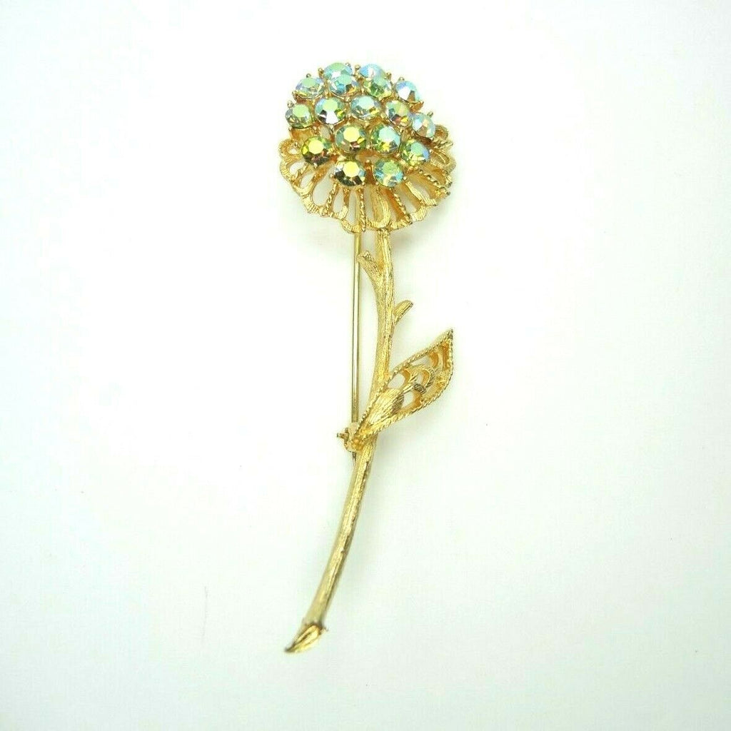 Flower Stem Faux Rhinestones 3.1-inch Vintage Unsigned Brooch Lapel Pin - Fazoom